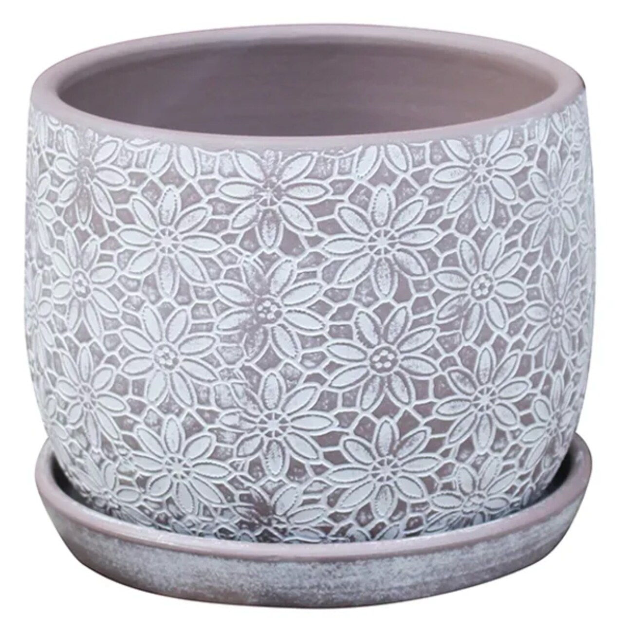 Floral Lace Stamp Planter with Attached Saucer - 5.5" x 4.5" - Lavender